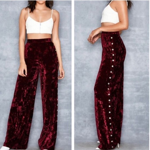Mistress Rocks Pants - Mistress Rocks Valiant Plum Crushed Velvet Studded Palazzo Pants‎ Size XS